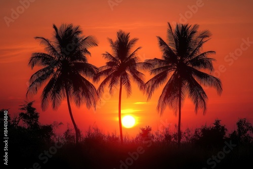 Vibrant tropical sunset with silhouettes of three palm trees against an intense orange and red sky, evoking tranquility and natural beauty
