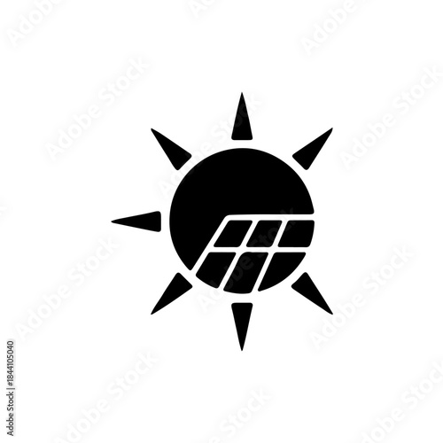Stylized sun icon with solar panel design element, representing renewable energy and clean power sources in a modern graphic. isolated on transparent background