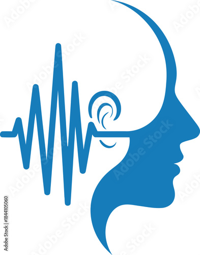 Modern futuristic profile silhouette combined with sound wave and ear symbol representing audio technology and hearing health concepts isolated on white background