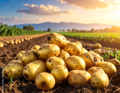 Freshly harvested potatoes piled on soil against a field and a sunny blue sky