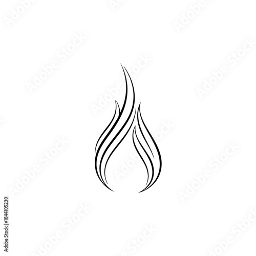 Stylized flame icon or logo design element in black and white, representing heat, energy, passion, and warmth isolated on transparent background