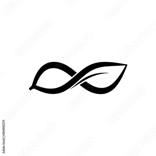 Stylized black leaf forming an infinity symbol, representing nature, ecology, sustainability, infinite growth, and environmental design isolated on transparent background