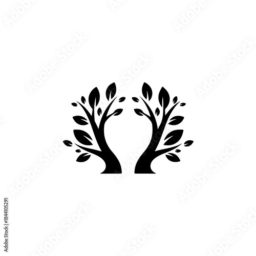 Stylized twin tree silhouette with abundant leaves, symbolizing growth, nature, sustainability, and ecological connection concept. isolated on transparent background
