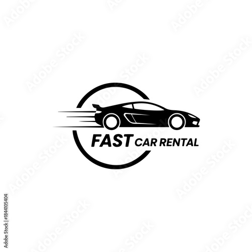 Fast car rental service logo with sleek black sports car silhouette, speed lines, and circular graphic for transportation business. isolated on transparent background