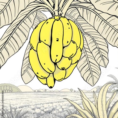 Vector illustration of a seamless vintage nature pattern featuring banana tree, fruit, pink flowers, leaf, and branch art drawing