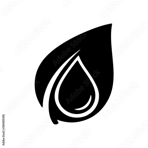 Stylized black leaf with a white water drop silhouette inside, isolated on white background, representing nature and purity. isolated on transparent background