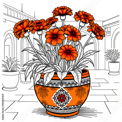 Still life of a colorful flower bouquet in an orange vase, showing the beauty of spring floral nature and decoration.