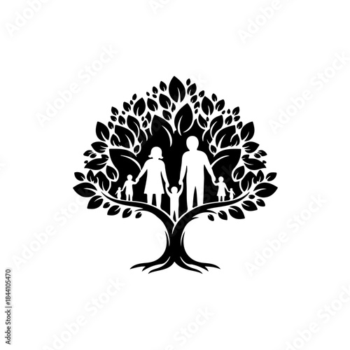 Stylized family tree silhouette with parents holding hands of children, symbolizing connection and heritage.  isolated on transparent background