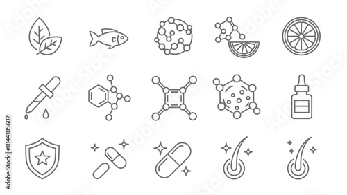 Vitamins and supplements icons representing nutrition and health benefits