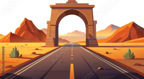 Drive into the sunset on a desert road through a stone archway, a journey to new horizons and adventure under the open sky, perfect for travel and exploration