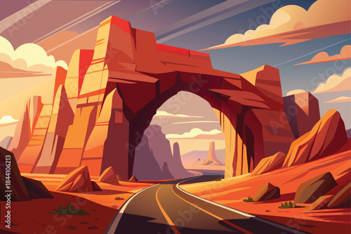 Experience the Majestic Desert Road Trip at Sunset with Iconic Rock Formations, Perfect for Travel Blogs and Adventure Campaigns, Feel the Freedom!