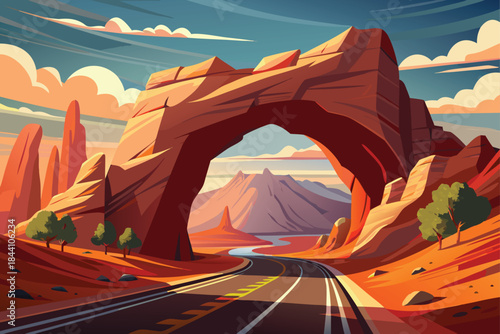 Experience the thrill of a scenic desert road trip with majestic rock formations, ideal for travel brochures and adventure-themed campaigns