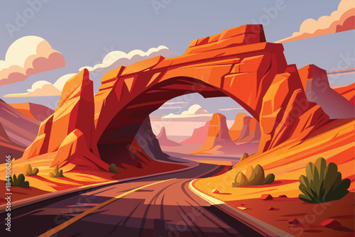 Take a breathtaking road trip through the American Southwest's dramatic desert landscape under a stunning natural arch formation, perfect for travel ads