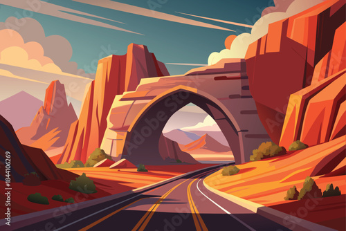 Experience the open road with this stunning desert landscape featuring a natural rock archway, perfect for travel blogs and scenic road trip promotions