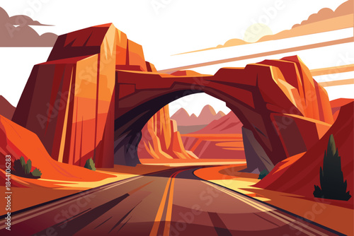 Experience the grandeur of the desert landscape, a scenic drive through majestic rock formations under the warm sunset for travel and adventure seekers