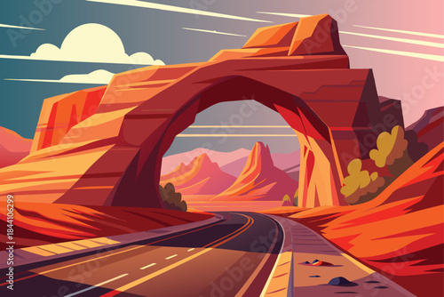 Dramatic desert highway leading to striking rock arch at sunset - perfect for travel, adventure, or scenic road trip campaigns