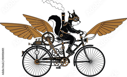 Whimsical steampunk squirrel with feathered wings riding a vintage bicycle in flight isolated on white background