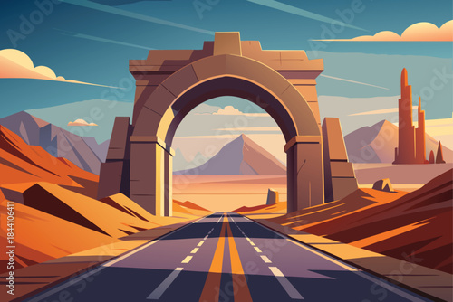 Drive into adventure under a desert archway with stunning mountain views, evoking wanderlust and escape for your travel campaigns and scenic designs