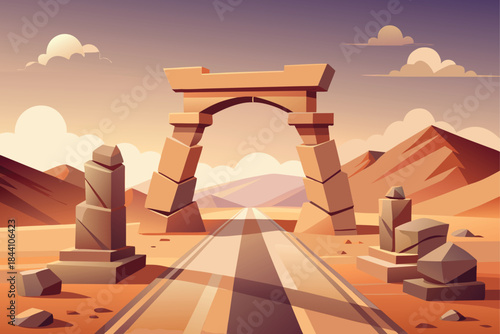 Discover a captivating desert landscape with majestic ruins, inviting viewers to explore adventure and history in a warm, inviting atmosphere today