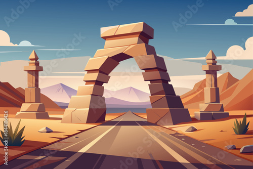 Discover the stunning desert landscape with ancient stone archway and road leading to adventure travel destination with clear blue sky and mountain views