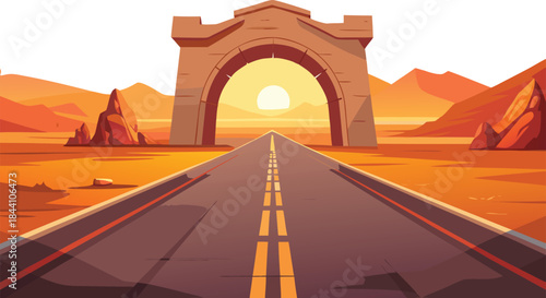 Inspiring desert road adventure leading to success under the radiant sun, a pathway to new beginnings and limitless possibilities in the vast landscape