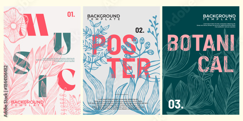 Botanical leaf Poster Designs pattern background  collection template editable, A series of vibrant posters featuring a fusion of floral elements with modern typographic designs