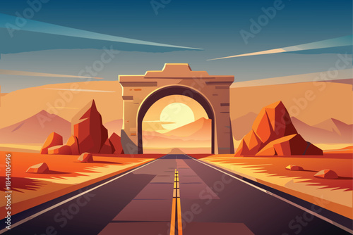 Embark on a scenic desert road trip with a stunning stone archway and breathtaking sunset views, perfect for travel blogs and inspiring adventure content