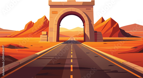 Epic road trip through stunning desert landscape with ancient archway, perfect for travel adventures, freedom, and exploration concepts in warm tones