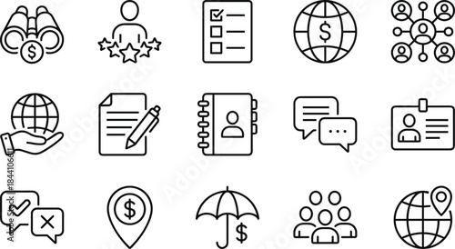 Vector Icons Set Representing Business Management, Global Communication, Customer Service, Digital Technology Settings, Configuration, Strategy, and Financial Planning Concepts
