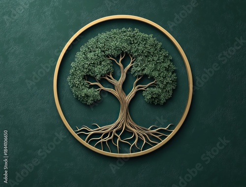 Intricate artistic depiction of a tree with detailed roots and lush canopy enclosed in a golden circular frame on a textured green background