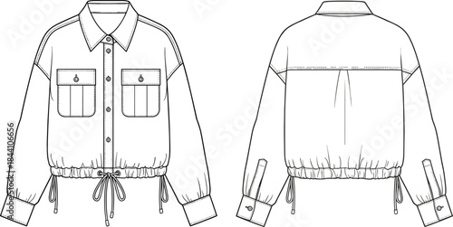 Women's jacket fashion sketch, front and back view technical illustration, collared neckline buttonWomen's jacket fashion sketch, front and back view technical illustration, collared neckline button