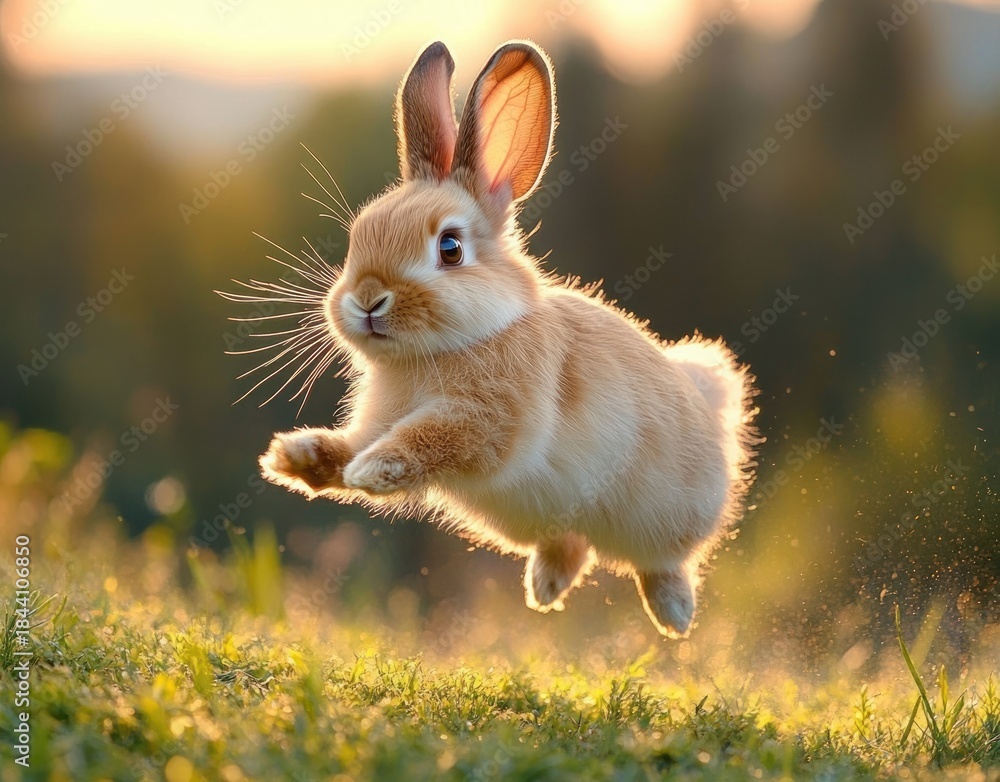 Fototapeta premium cute fluffy light brown rabbit mid-air jumping over grass with warm sunlight glowing behind in natural outdoor setting