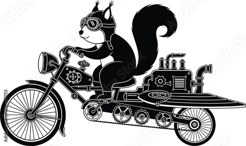 Whimsical steampunk squirrel rides vintage motorcycle with mechanical cargo for adventure and creative concepts isolated on white background