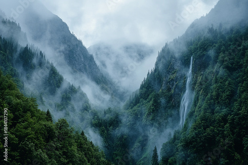 hidden waterfall deep within misty pine valley, barely visible through the fog