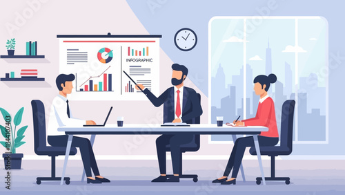 Bright modern office meeting with colleagues presenting charts and discussing strategy.