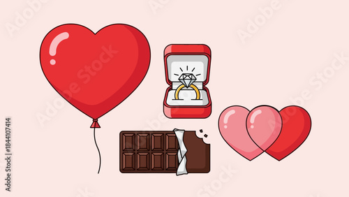 Romantic themed collage featuring heart balloons, chocolate bar, and a smiling smartphone with hearts and candy imagery.