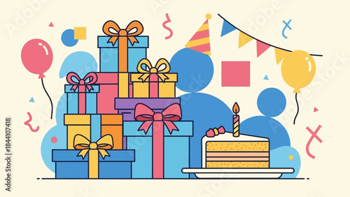 Colorful birthday party scene with presents balloons cake candles and festive decorations.