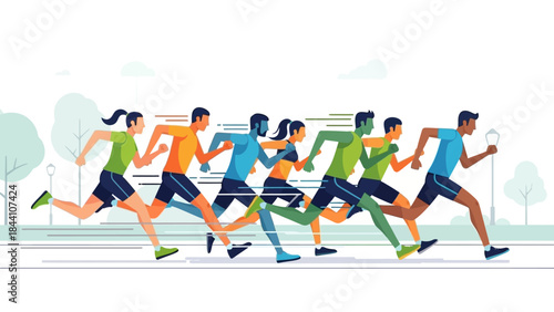 Group of runners competing in a dynamic race featuring synchronized sprinting and teamwork.