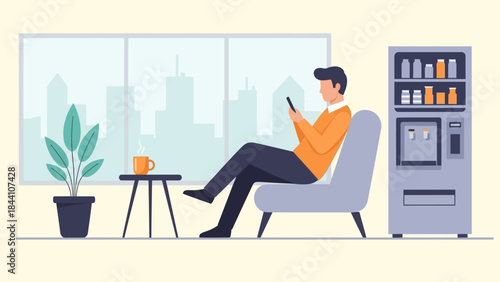 Man Relaxing in a Modern Office Lounge with Window View and Vending Machine.