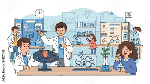 Collaborative scientists in a bustling laboratory conducting experiments.