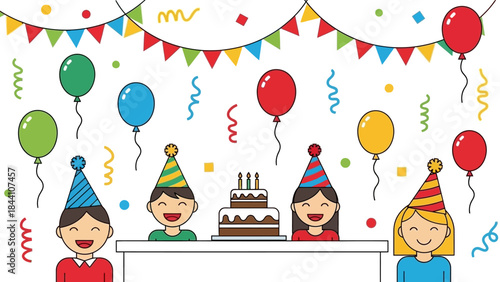 Cheerful birthday party scene with cake, balloons, hats, and smiling guests.