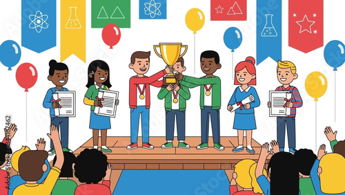 Children on stage receiving awards at school ceremony with an attentive audience.