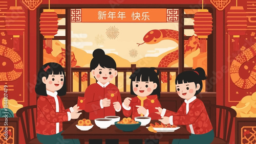 Family gathering during festive Chinese New Year celebration with traditional red decor and joyful meal.