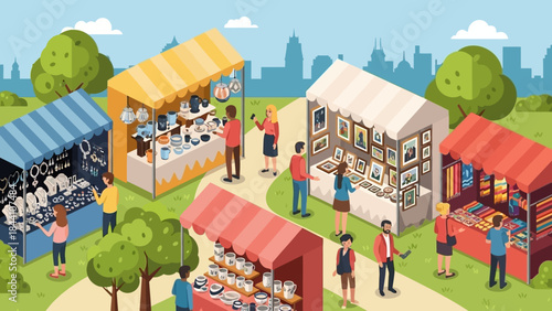 Vibrant outdoor market scene with colorful stalls and shoppers exploring crafts and foods.