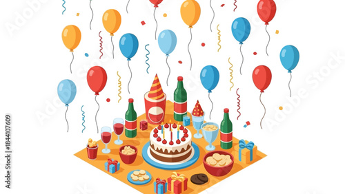 Colorful birthday party scene with cake, balloons, and gifts on a festive table.