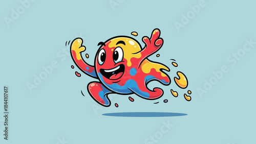 Playful cartoon fish character splashing in water on blue background.