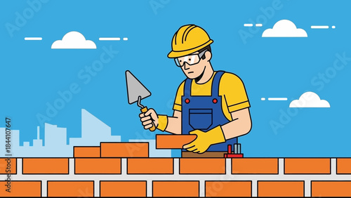 Construction worker laying bricks and applying mortar to build a wall in a busy urban site.