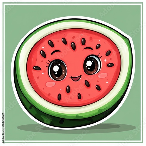 Cute cartoon watermelon half with big sparkling eyes and a happy smiling face on a green background