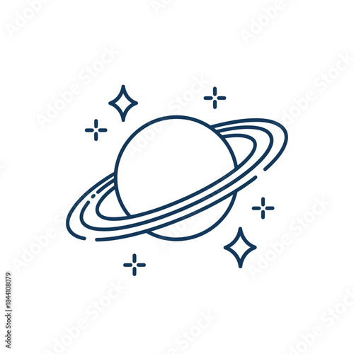 A simple line art illustration of a planet with rings and stars