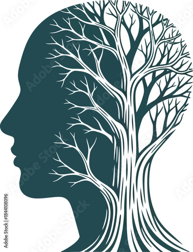 Abstract concept of a human head silhouette merging with a tree structure representing mind growth knowledge and natural intelligence isolated on white background